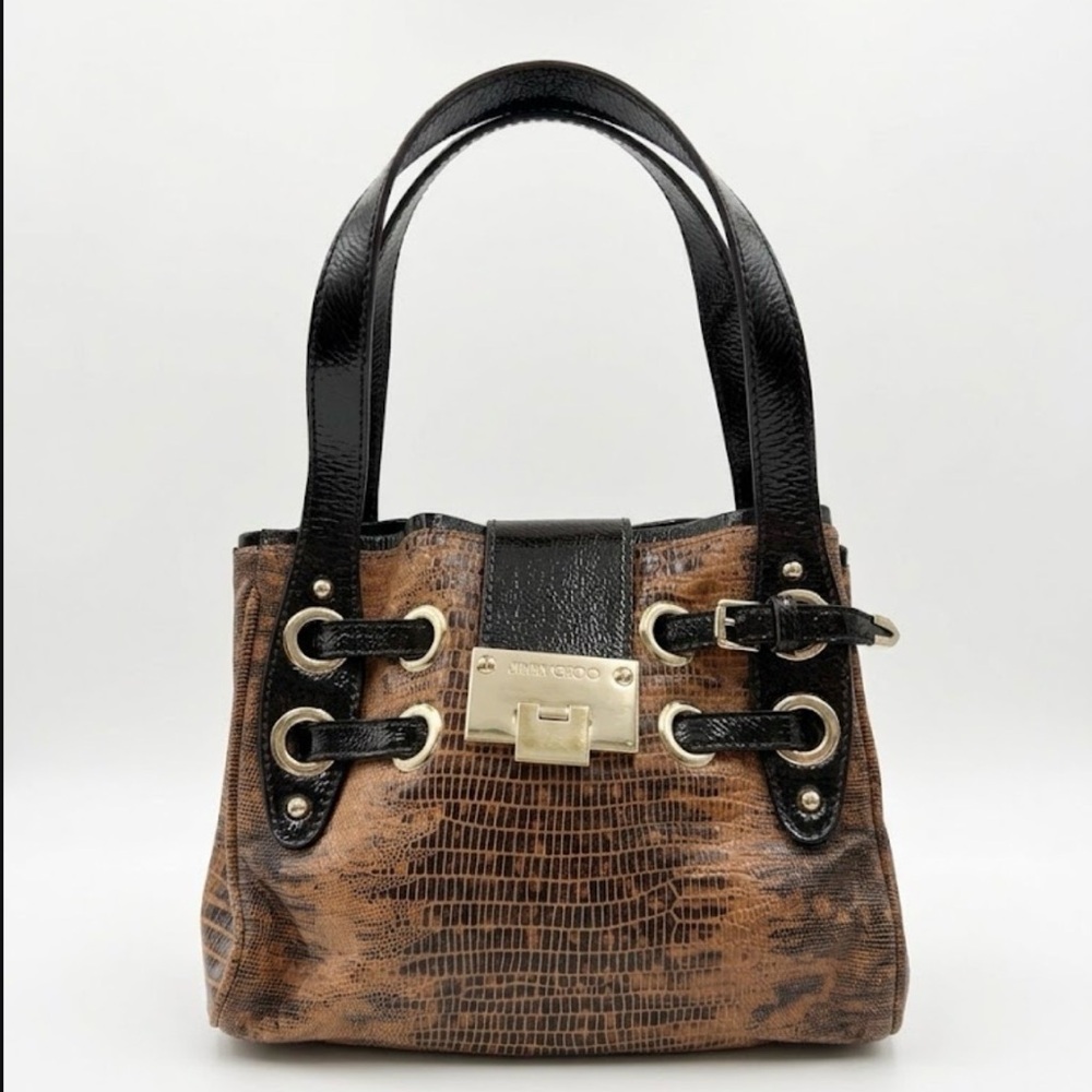 Jimmy Choo Riki Snake-Embossed Leather Satchel - Brown/Black